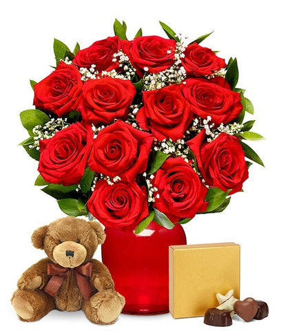 One Dozen Long Stem Red Roses w/ Chocolates & Bear